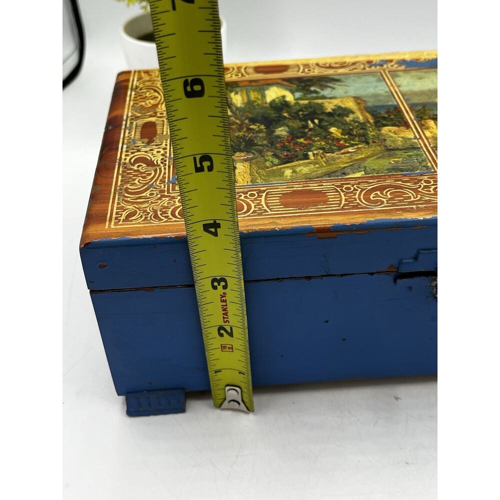 Vintage Cedar Wood Box Hinged Lid Decoupage Mediterranean Scene Blue Paint AS IS - Picture 8 of 14